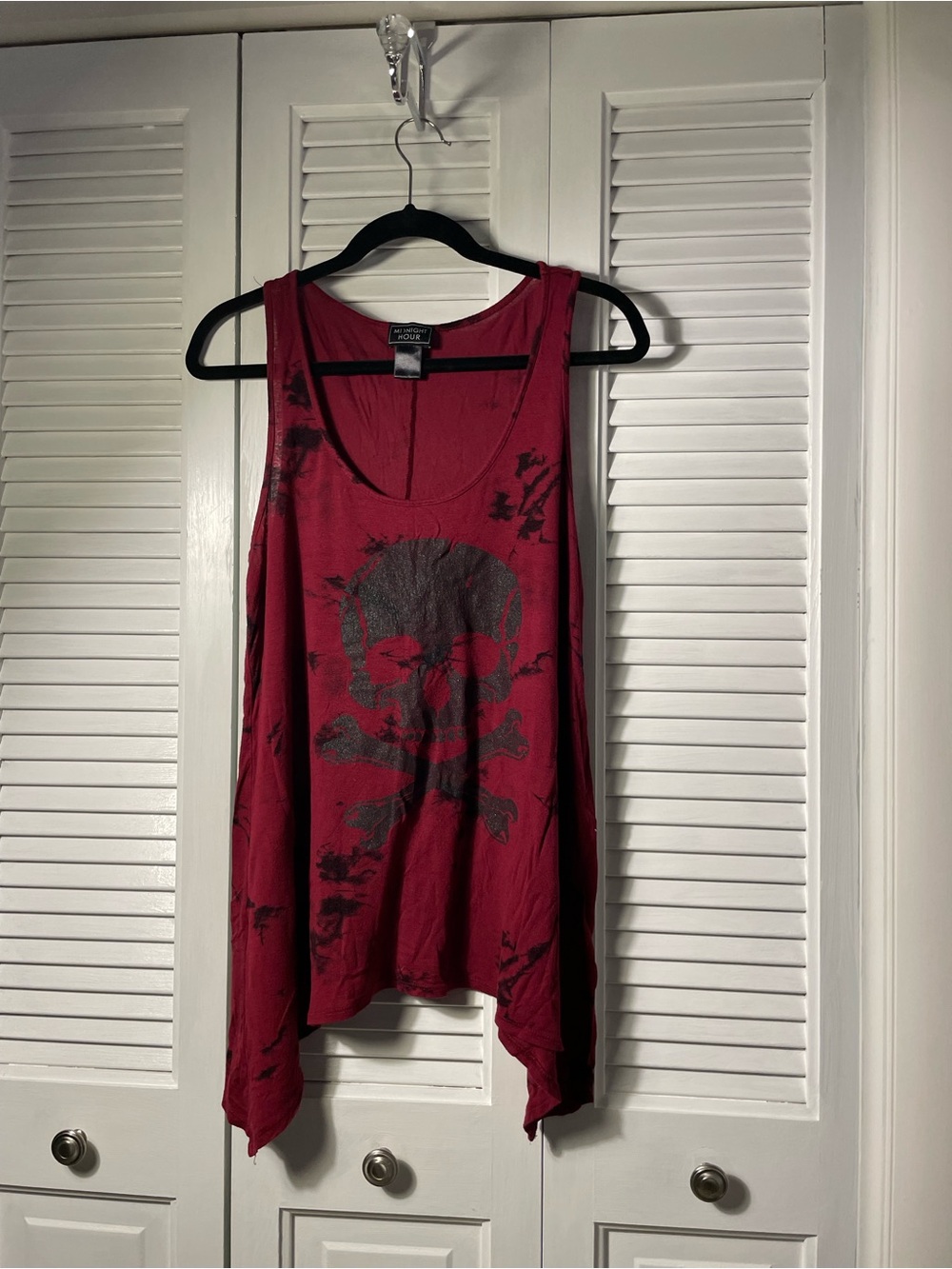 898. Midnight Hour Skull & Crossbones Print Wine Red Asymmetrical Tank Top